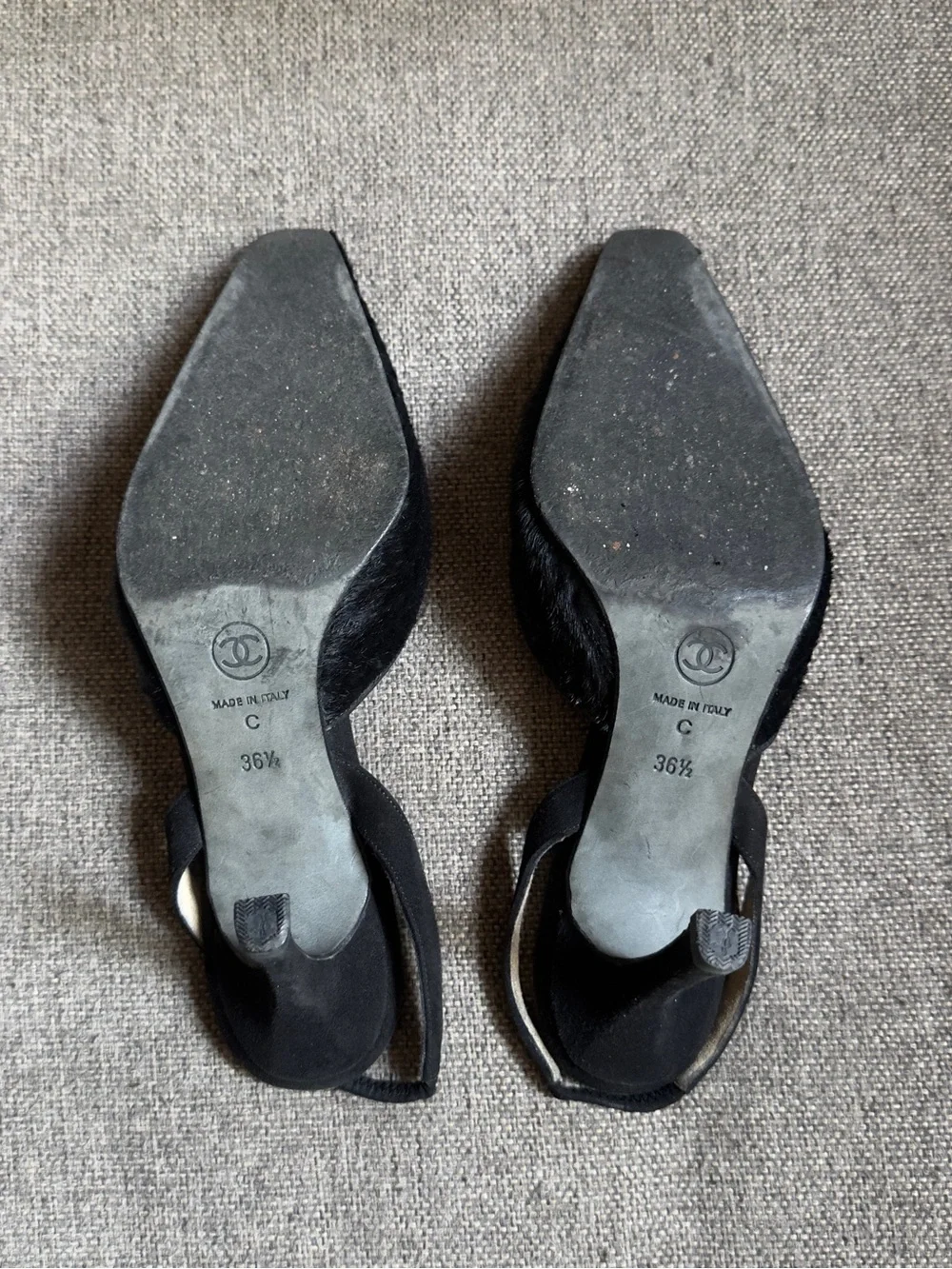 Vintage Chanel black pony hair slingback heels